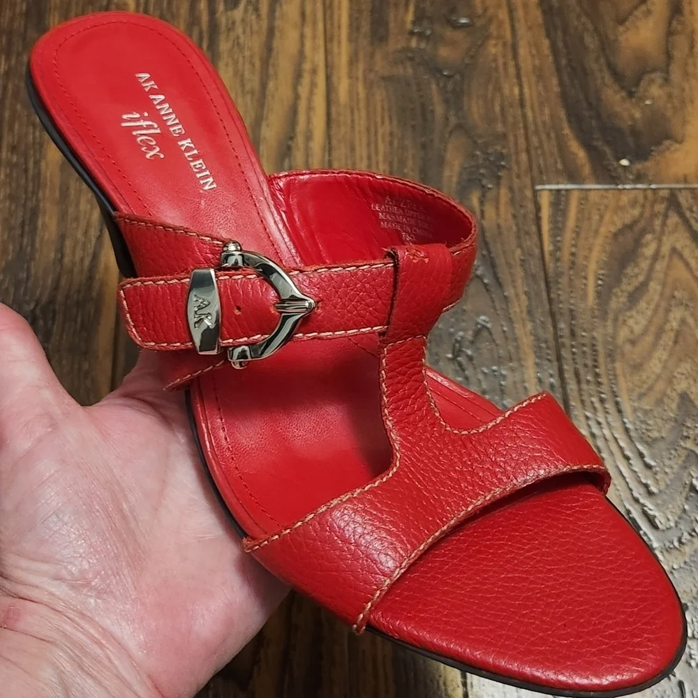 Anne Klein Red Leather iflex Monogram Bold Buckle Heels Sandals Size 10